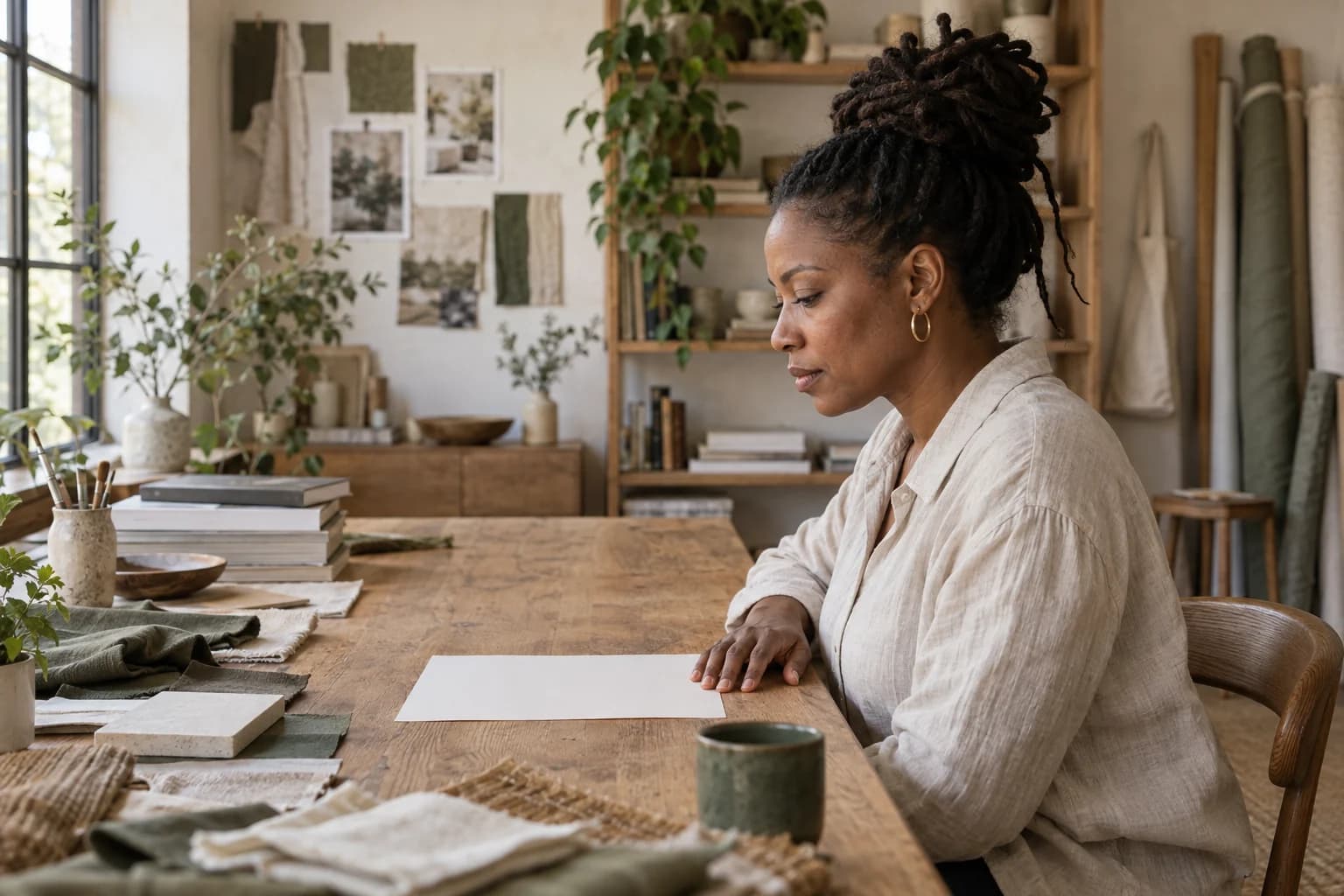 An independent studio owner working through ideas at a sunlit wooden desk
